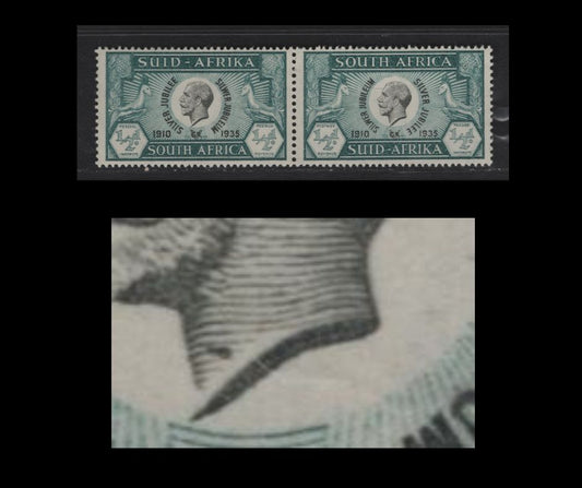 Lot 238 South Africa SC#68var 1/2d Prussian Green & Black King George V, 1935 Silver Jubilee Issue, A VFOG Pair, Scar On Kings Neck, Unlisted