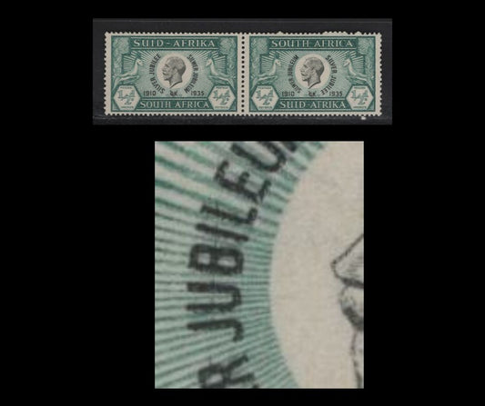 Lot 239 South Africa SC#68var 1/2d Prussian Green & Black King George V, 1935 Silver Jubilee Issue, A VFNH Pair, Vertical Scratch Through 'Jubil'
