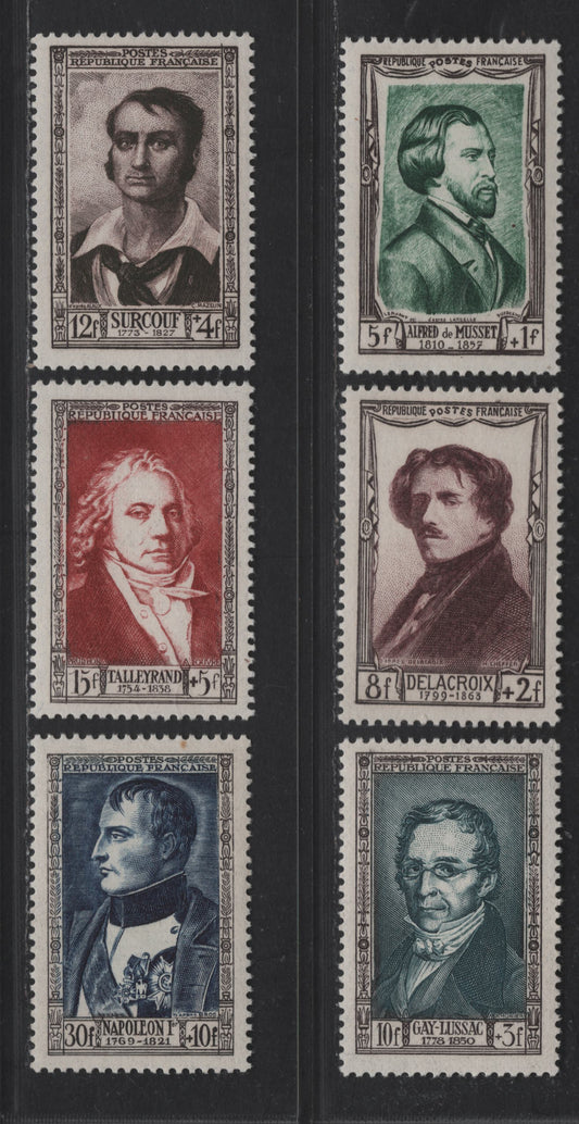 Lot 240 France SC#B258-B263 5fr+1fr - 30fr+10fr Dark Green - Indigo ALFred de Musset - Napoleon, 1951 Semi Postal Issue, 6 VFOG Singles