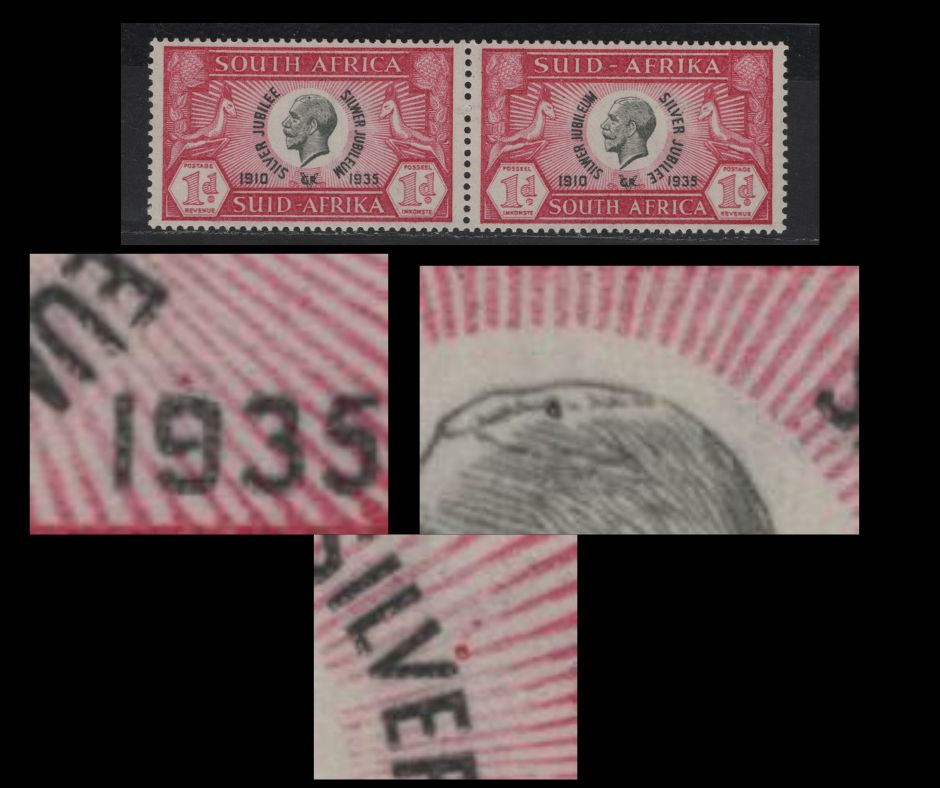 Lot 241 South Africa SC#69var 1d Carmine Rose & Black King George V, 1935 Silver Jubilee Issue, A VFNH Pair, Black Dot On Kings Head, Pink Dot Above '9' Of '1935' & 2 Pink Dots Above 'v' of 'Silver'