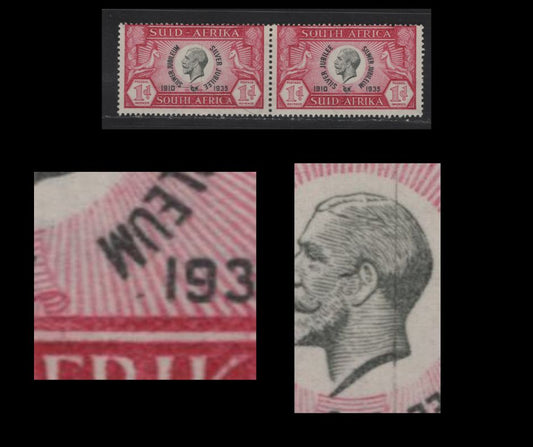 Lot 242 South Africa SC#69var 1d Carmine Rose & Black King George V, 1935 Silver Jubilee Issue, A FOG Pair, Vertical Hairline Through Design Blurs 'AF' of 'African' & Period to Left of '1935'