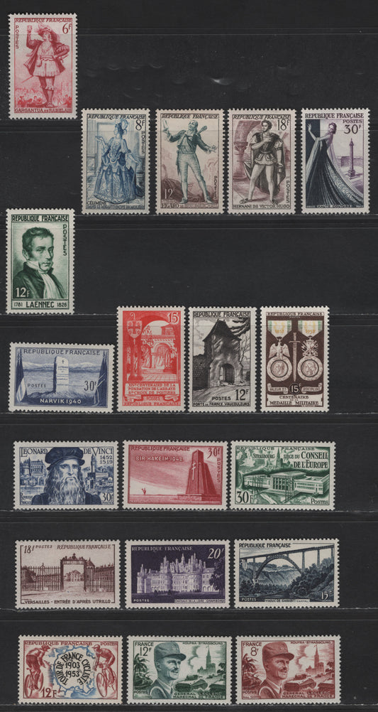 Lot 243 France SC#676-693 12fr Brown Black - Red Brown, Ultramarine & Black Gate of France - Map & Cyclists, 1952-1953 Pictorial Issues, 19 VFOG Singles, Fluorescent, DF & HB Papers