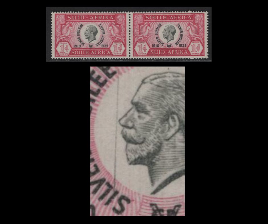 Lot 243 South Africa SC#69var 1d Carmine Rose & Black King George V, 1935 Silver Jubilee Issue, A VFNH Pair, Vertical Hairline Through 'il' of 'Silver' to 'th' of 'South' & Black Dot Above First 'E' of Jubilee