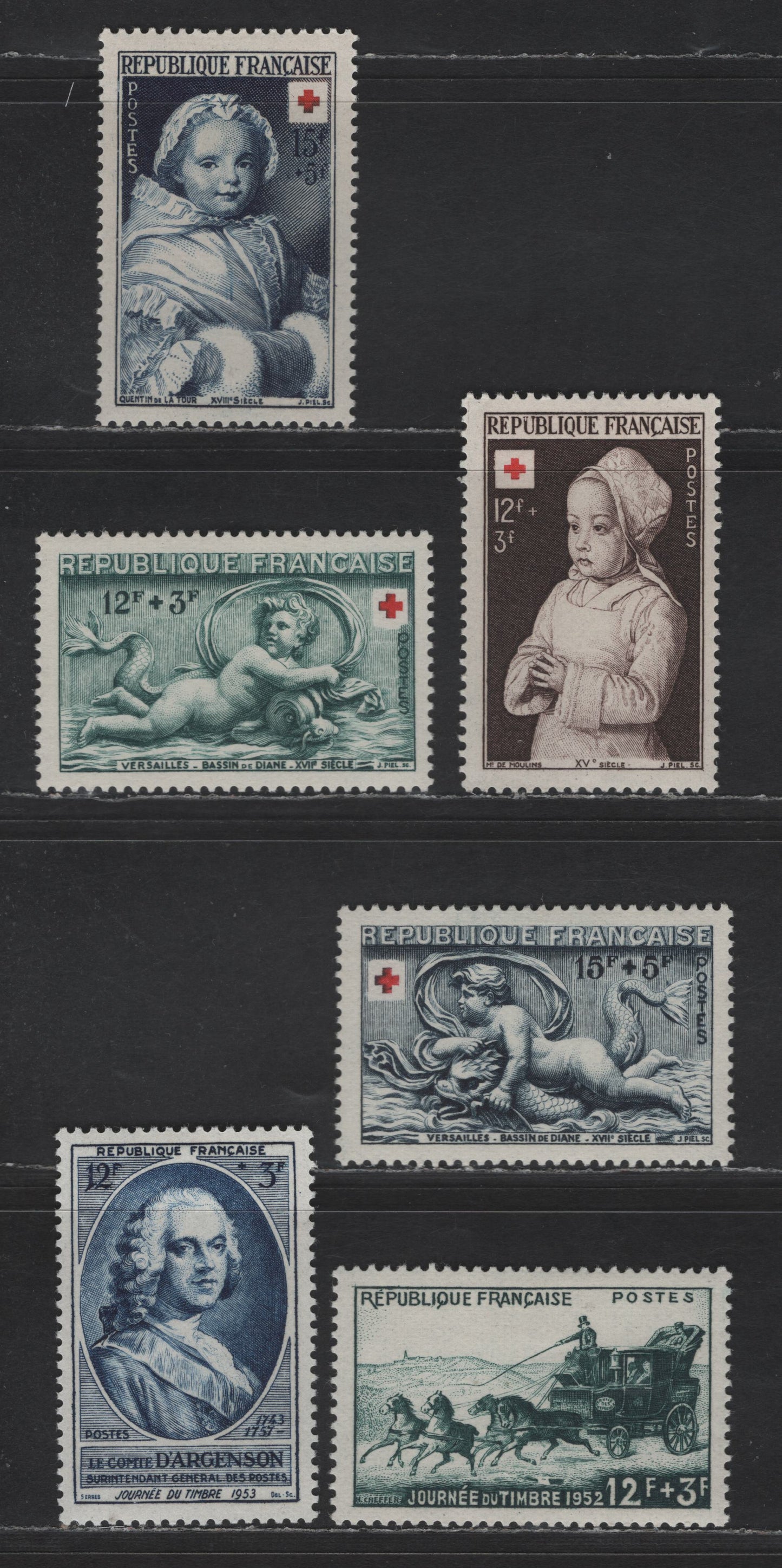 Lot 244 France SC#B255-B256 8fr+2fr - 12fr+3fr Indigo & Carmine - Deep Blue L'Amour - Count d'Argenson, 1951-1952 Red Cross Semi Postals, 6 VFOG Singles, DF & HB Papers