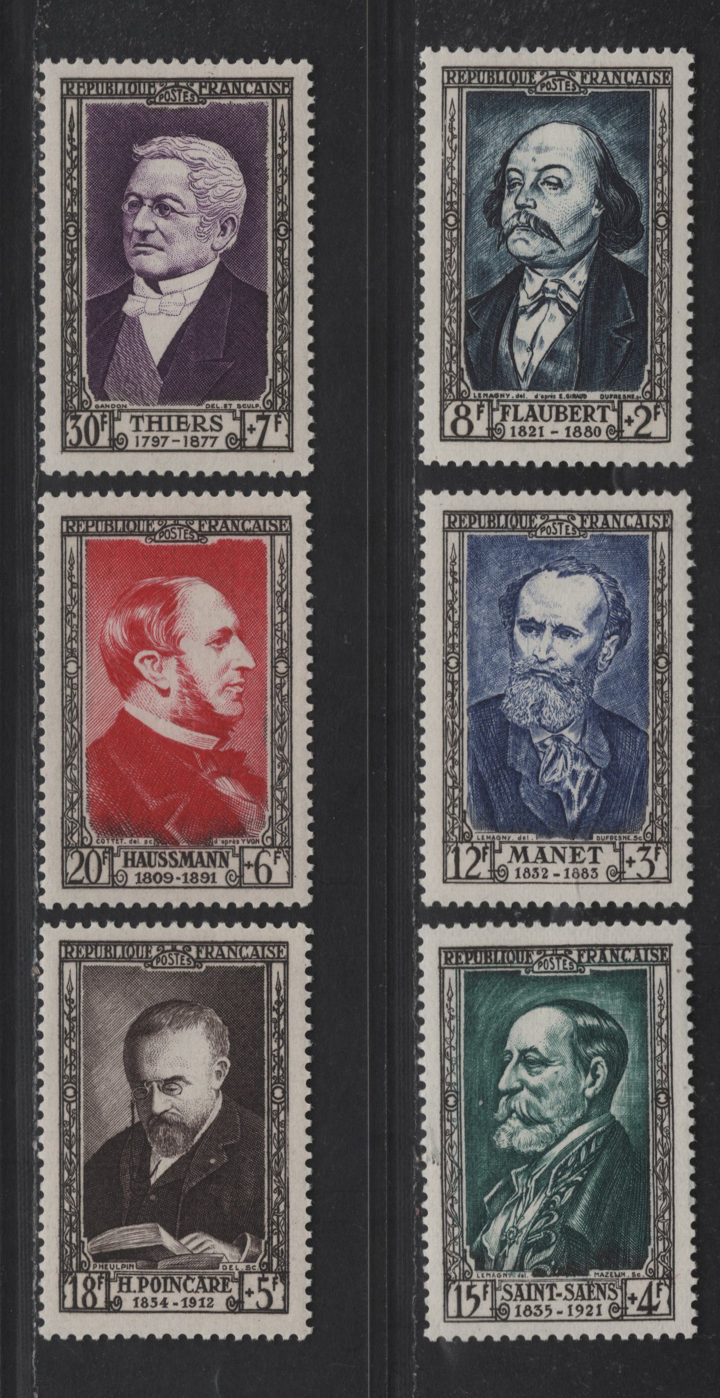 Lot 245 France SC#B267-B272 8fr+2fr - 30fr+7fr Indigo - Purple Gustave Flaubert - Adolphe Thiers, 1952 Portraits Semi Postal Issue, 6 VFOG Singles, DF & HB Papers