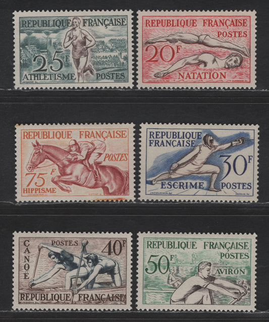 Lot 246 France SC#700-705 20fr - 75fr Multicolored Swimming - Equestrian, 1953 Sports Issue, 6 VFOG Singles, DF Paper