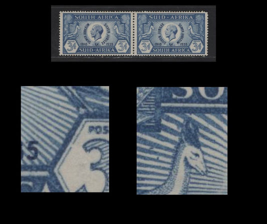 Lot 247 South Africa SC#70var 3d Blue & Dark Blue King George V, 1935 Silver Jubilee Issue, A VFNH Pair, Two Dots Between Rays Above Springbok on Left Stamp & Break In Right Value Tablet On Right Stamp