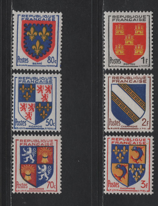 Lot 248 France SC#694-699 50c - 3fr Blue, Yellow & Red - Red, Blue & Yellow Arms, 1953 Arms Issue, 6 VFOG Singles