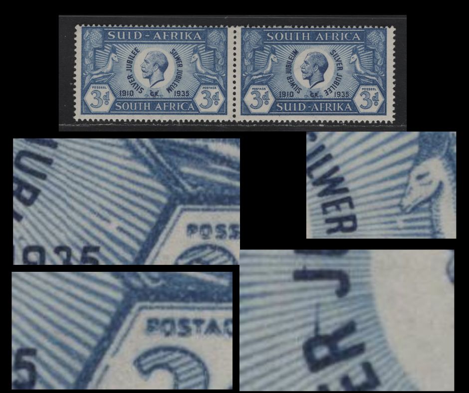 Lot 248 South Africa SC#70var 3d Blue & Dark Blue King George V, 1935 Silver Jubilee Issue, A FOG Pair, Broken Rays In Front of Right Value Tablet & Infront of Springbok's Nose