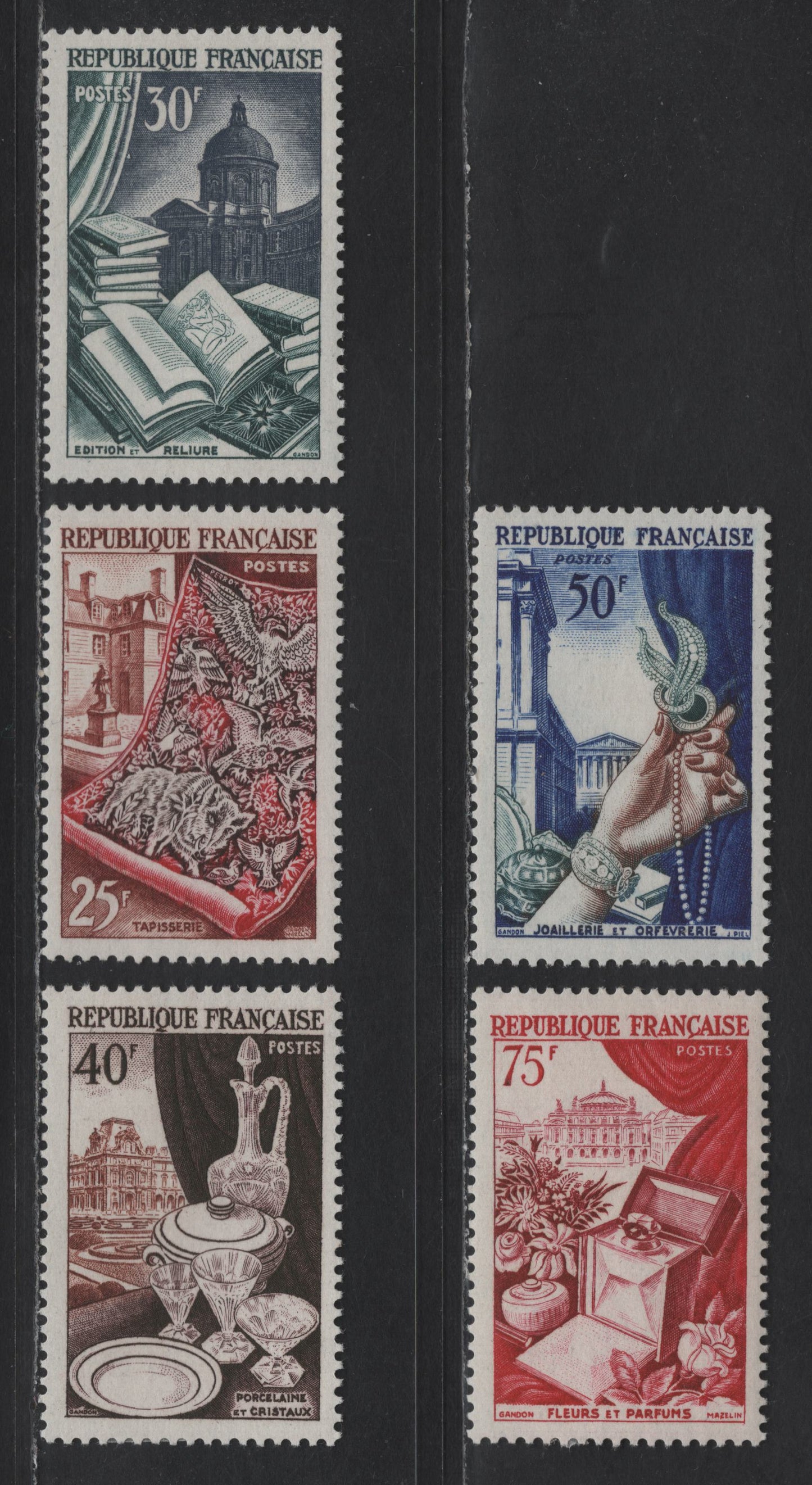 Lot 249 France SC#711-715 25fr - 75fr Red Brown Carmine & Black Brown - Deep Carmine & Magenta Tapestry - Flowers & Perfumes, 1954 Industries Issue, 5 VFOG Singles, DF & LF Papers