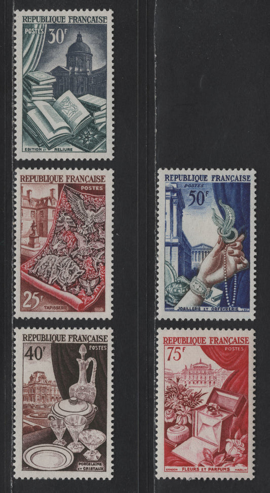 Lot 249 France SC#711-715 25fr - 75fr Red Brown Carmine & Black Brown - Deep Carmine & Magenta Tapestry - Flowers & Perfumes, 1954 Industries Issue, 5 VFOG Singles, DF & LF Papers