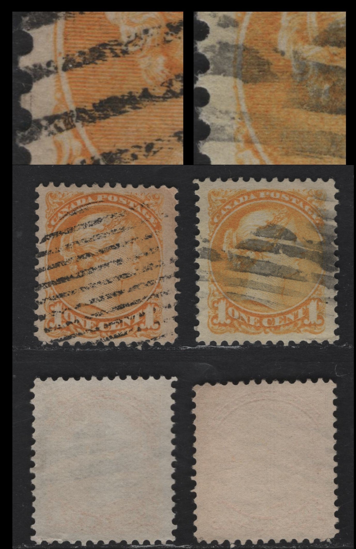 Lot 24 Canada #35i 1c Dull Yellow & Bright Yellow Queen Victoria, 1870-1893 Small Queen Issue, 2 Very Fine Used Singles, Late Montreal Printings, Paper Types LM-H & LM-I, Medallion at 9 O'Clock, Characteristic of 1886-1888 Printings