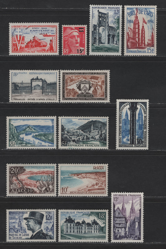 Lot 250 France SC#706, 716-728 15fr on 16fr - 18fr Cerise - Deep Blue, Indigo & Violet Brown Abbey - Versailles, 1954 Surcharged - Versailles Issues, 14 VFOG Singles