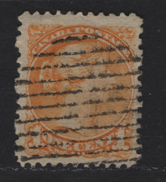 Lot 25 Canada #35dvar 1c Orange Queen Victoria, 1870-1893 Small Queen Issue, A Fine Used Single, Mid Montreal Printing, MM-B Paper, Perf 11.75x12, Unusual Medallion Dot At 9 O'Clock