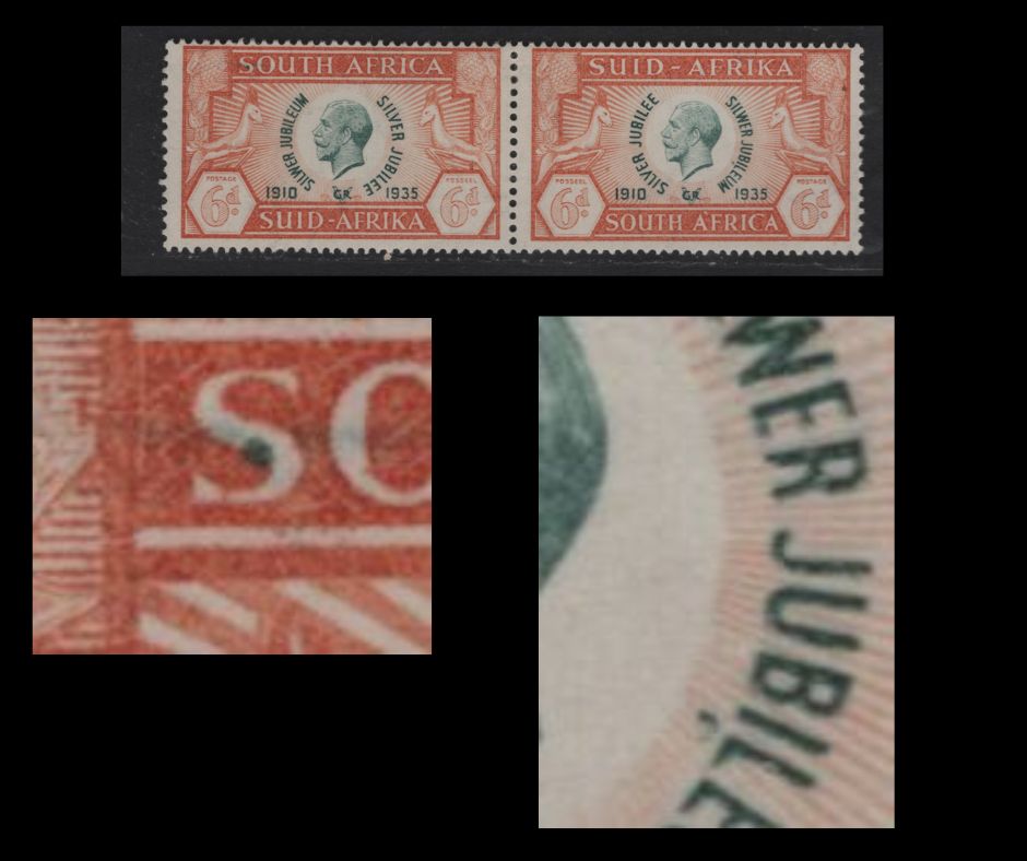 Lot 250 South Africa SC#71 6d Orange & Green King George V, 1935 Silver Jubilee Issue, A FOG Pair, Green Dot In 'S' Of 'South' & Apostrophe Under 'IL' of 'Jubilee' Of Right Stamp, Constant Varieties