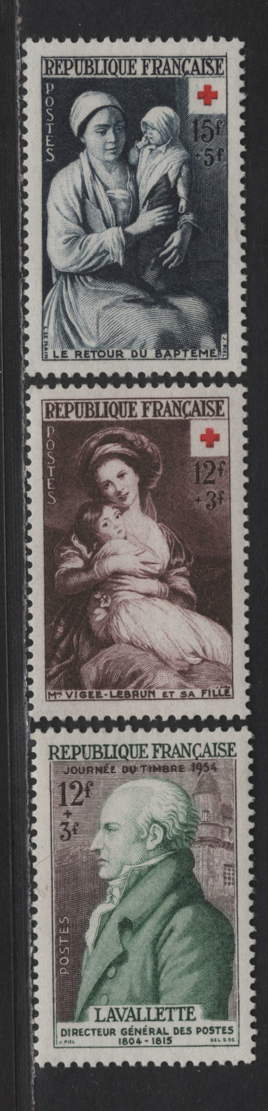 Lot 251 France SC#B282-B284 12fr+3fr - 15fr+5fr Red Brown - Indigo Madame Vigee-Lebrun & Her Daughter - Count Antoine de La Vallette, 1953 Red Cross Semi Postals, 3 VFOG Singles, DF & Fluorescent Papers