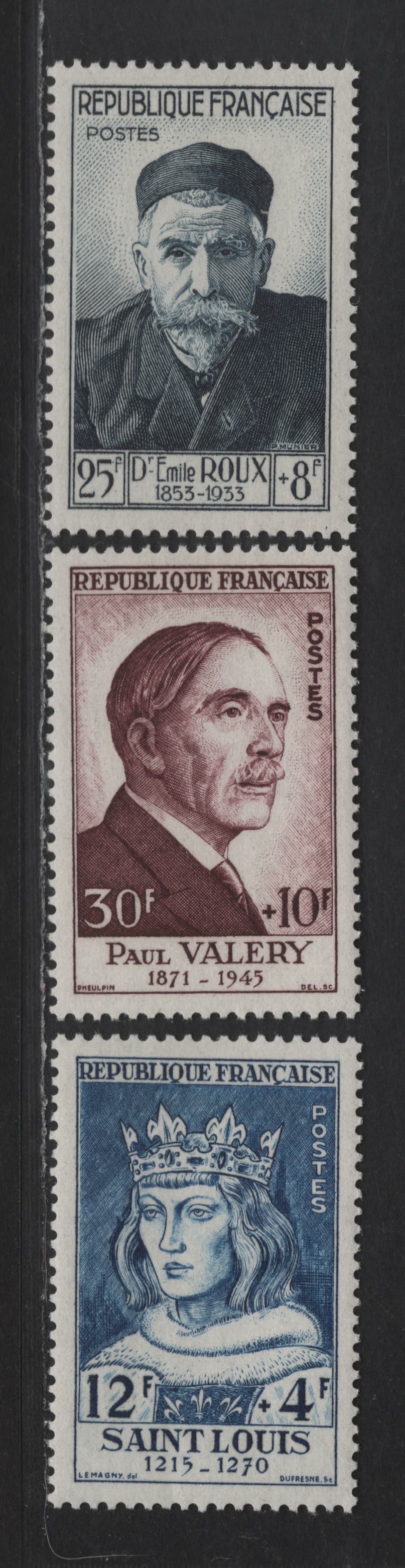 Lot 252 France SC#B285, B289-B290 12fr+4fr - 30fr+10fr Deep Blue - Deep Claret Louis IX, 1954 King Louis IX Issue, 3 VFOG Singles, Fluorescent Paper