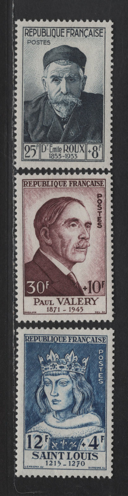 Lot 252 France SC#B285, B289-B290 12fr+4fr - 30fr+10fr Deep Blue - Deep Claret Louis IX, 1954 King Louis IX Issue, 3 VFOG Singles, Fluorescent Paper