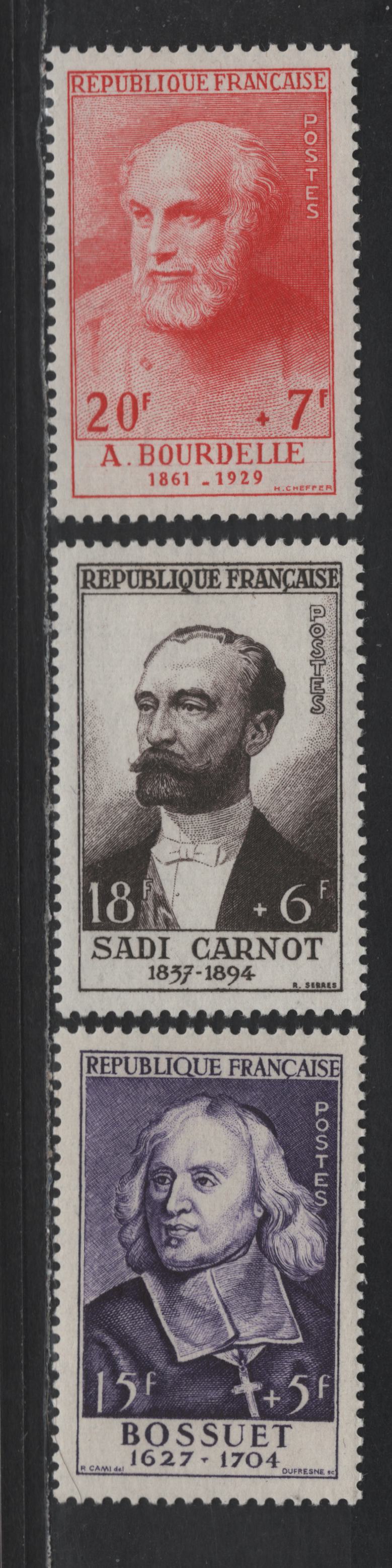 Lot 253 France SC#B286-B288 15fr+5fr - 25fr+8fr Purple - Indigo Louis IX, 1954 King Louis IX Issue, 3 VFOG Singles