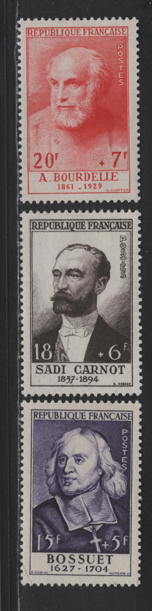 Lot 253 France SC#B286-B288 15fr+5fr - 25fr+8fr Purple - Indigo Louis IX, 1954 King Louis IX Issue, 3 VFOG Singles