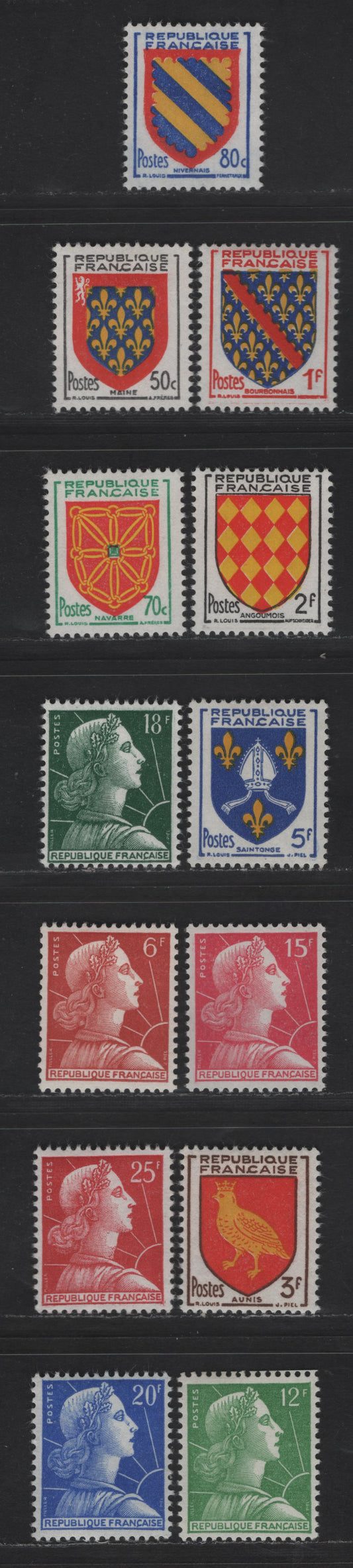 Lot 254 France SC#733-739, 751-756 50c - 25fr Multicolored - Rose Red Arms & Marianne, 1954-1959 Pictorial Issues, 13 VFOG Singles, DF, LF, MF & HB Papers