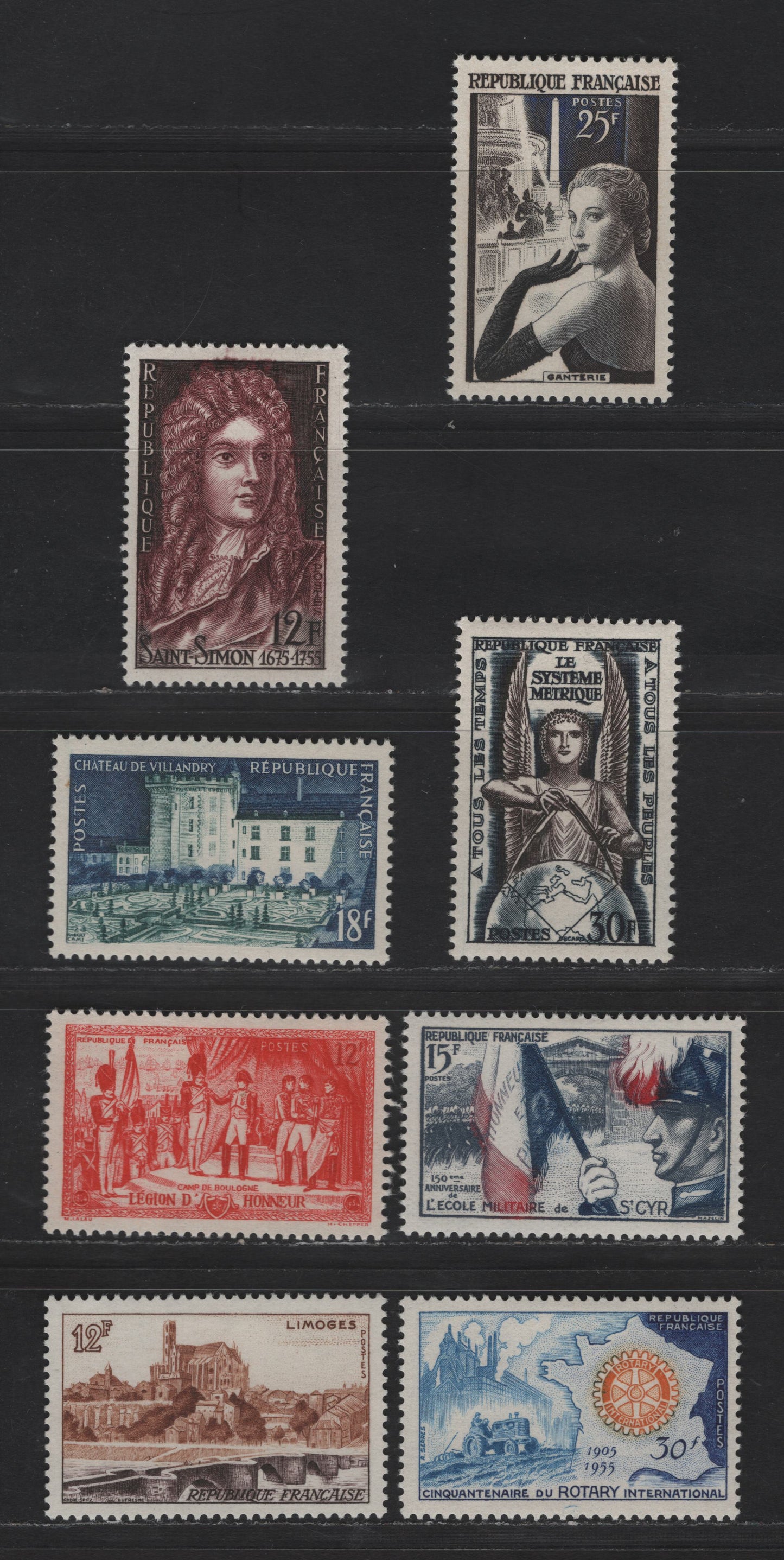 Lot 255 France SC#729-732, 740-741, 763-764 18fr - 25fr Dark Blue & Dark Blue Green - Black Brown, Violet Blue & Black Villandry Chateau - Gloved Model In Place to de Concorde, 1954-1955 Chateau - Glove Manufacturing Issues, 8 VFOG Singles, DF Papers