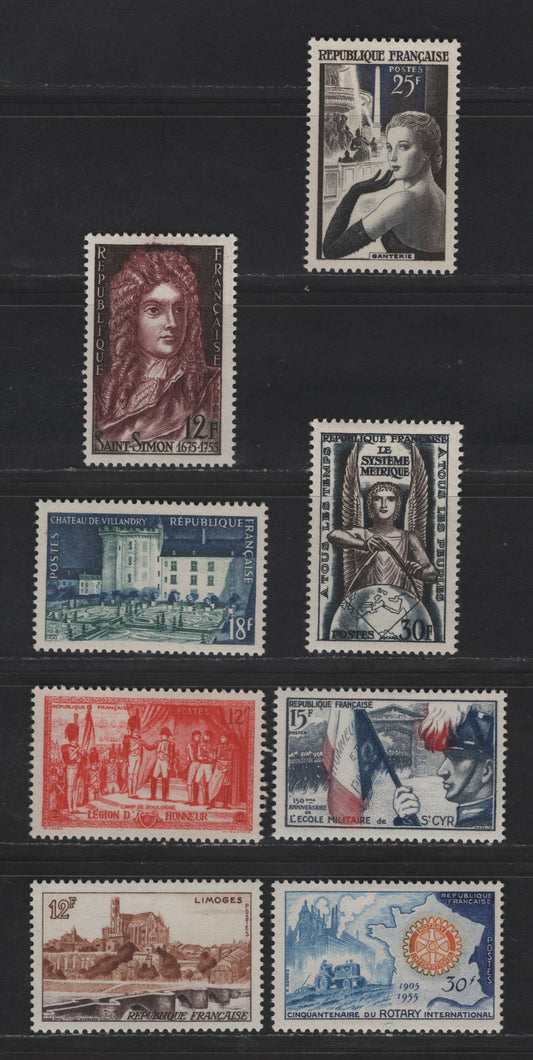 Lot 255 France SC#729-732, 740-741, 763-764 18fr - 25fr Dark Blue & Dark Blue Green - Black Brown, Violet Blue & Black Villandry Chateau - Gloved Model In Place to de Concorde, 1954-1955 Chateau - Glove Manufacturing Issues, 8 VFOG Singles, DF Papers