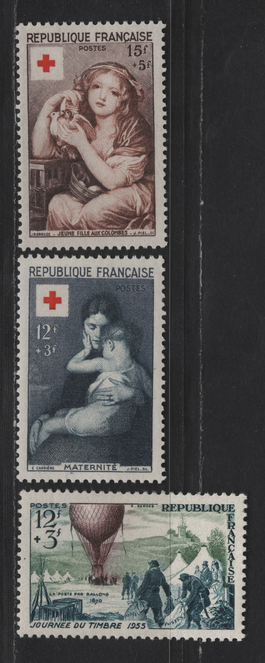 Lot 256 France SC#B291-B293 12fr+3fr Violet Gray & Indigo - Multicolored The Sick Child - Balloon Post, 1954-1955 Semi Postal Issues, 3 VFOG Singles, DF & LF Papers