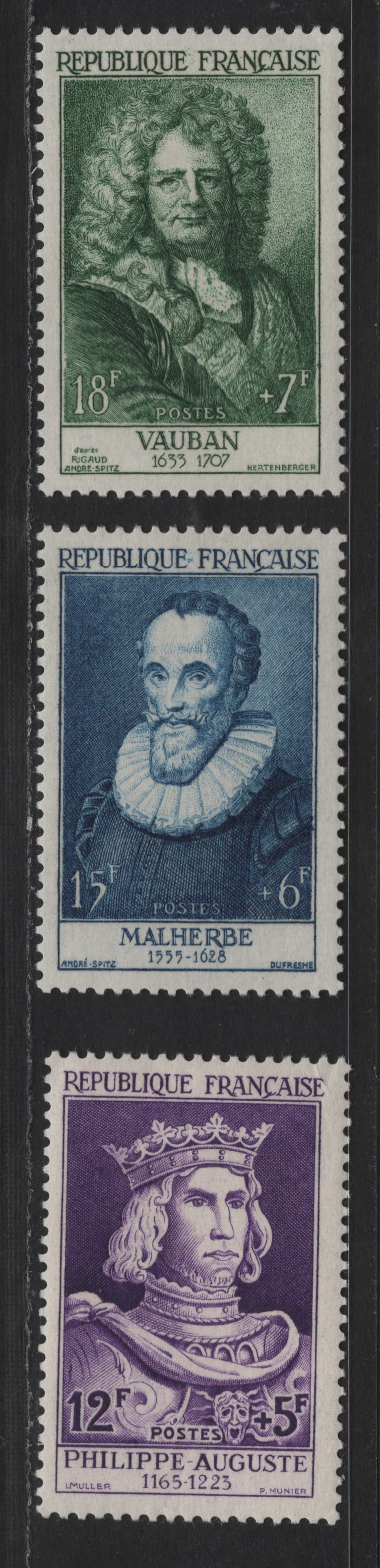 Lot 257 France SC#B294-B296 12fr+5fr - 18fr+7fr Bright Purple - Deep Green King Philip II, 1955 Semi Postal Issue, 3 VFOG Singles, DF Papers