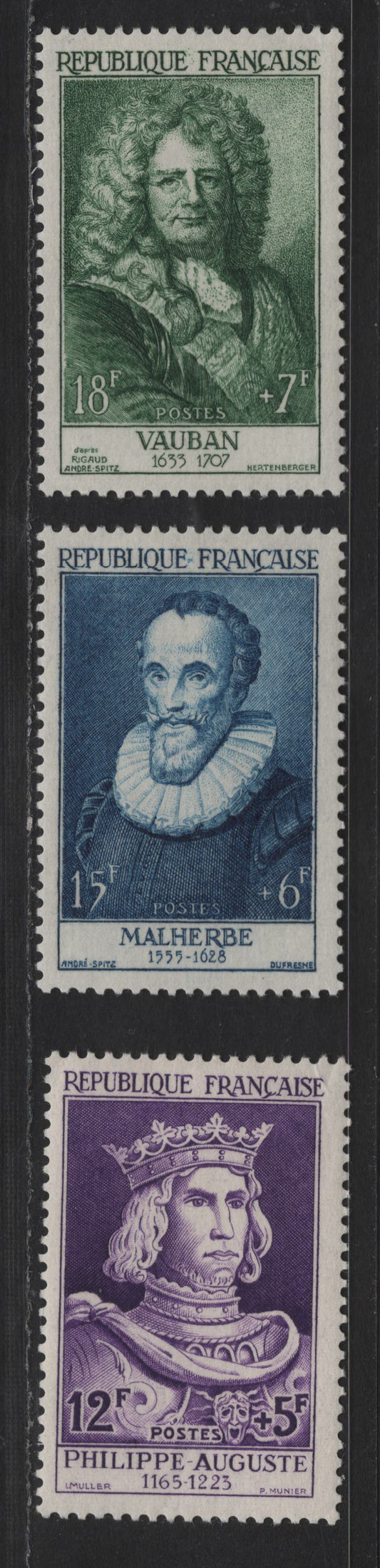 Lot 257 France SC#B294-B296 12fr+5fr - 18fr+7fr Bright Purple - Deep Green King Philip II, 1955 Semi Postal Issue, 3 VFOG Singles, DF Papers