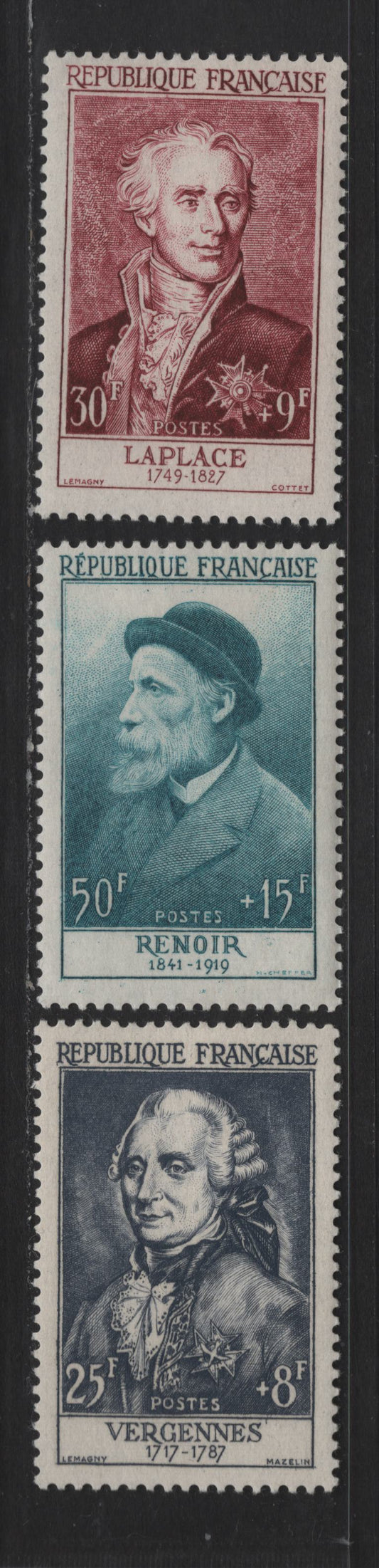 Lot 258 France SC#B297-B299 25fr+8fr - 50fr+15fr Gray - Blue Green King Philip II, 1955 Semi Postal Issue, 3 VFOG Singles, DF Papers