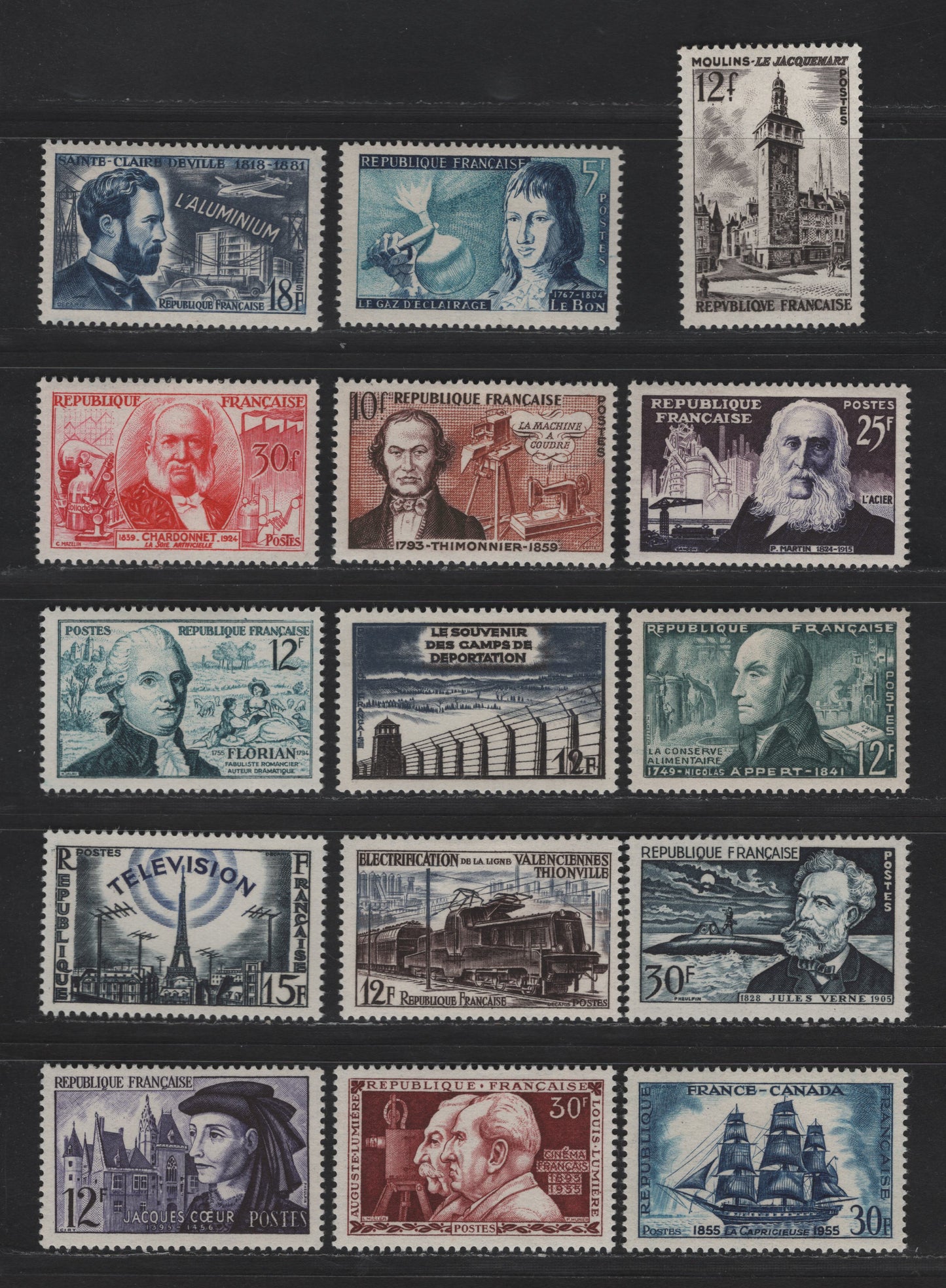 Lot 259 France SC#757-762, 765-773 5fr - 30fr Dark Violet Blue - Aqua & Dark Blue Philippe Lebron - Corvette, 1955 Inventors - Voyage of the La Capricieuse Issues, 15 VFOG Singles, DF & LF Papers