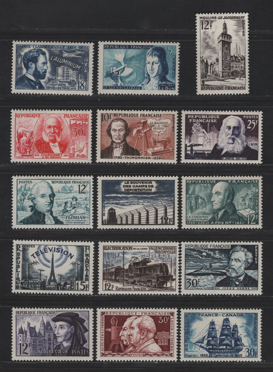 Lot 259 France SC#757-762, 765-773 5fr - 30fr Dark Violet Blue - Aqua & Dark Blue Philippe Lebron - Corvette, 1955 Inventors - Voyage of the La Capricieuse Issues, 15 VFOG Singles, DF & LF Papers