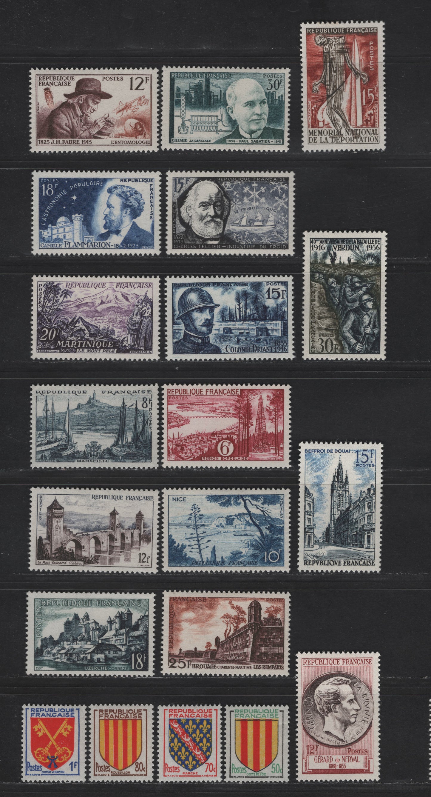 Lot 260 France SC#774-793 6fr - 30fr Carmine-Lake - Prussian Green & Dark Green Bordeaux - Jean Henri Fabre, 1955-1956 Views - Scientists Issues, 20 VFOG Singles, DF, LF & HB Papers