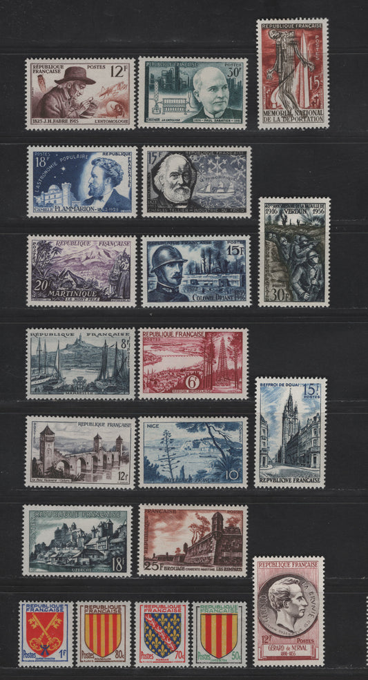 Lot 260 France SC#774-793 6fr - 30fr Carmine-Lake - Prussian Green & Dark Green Bordeaux - Jean Henri Fabre, 1955-1956 Views - Scientists Issues, 20 VFOG Singles, DF, LF & HB Papers