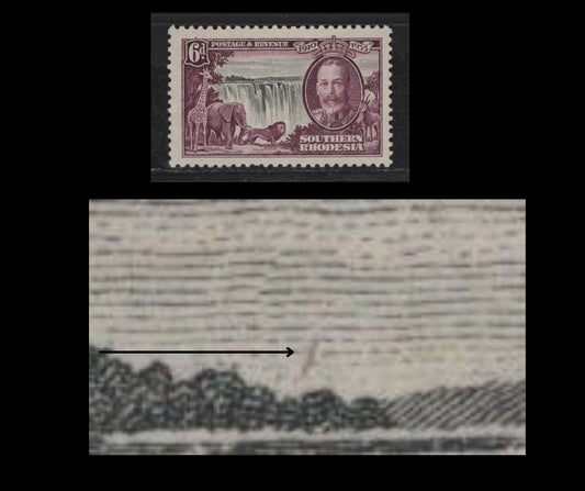 Lot 260 Southern Rhodesia SC#36var 6d Deep Violet & Black King George V, 1935 Silver Jubilee Issue, A VFNH Single, Purple Line Above Trees, Possible Constant Variety