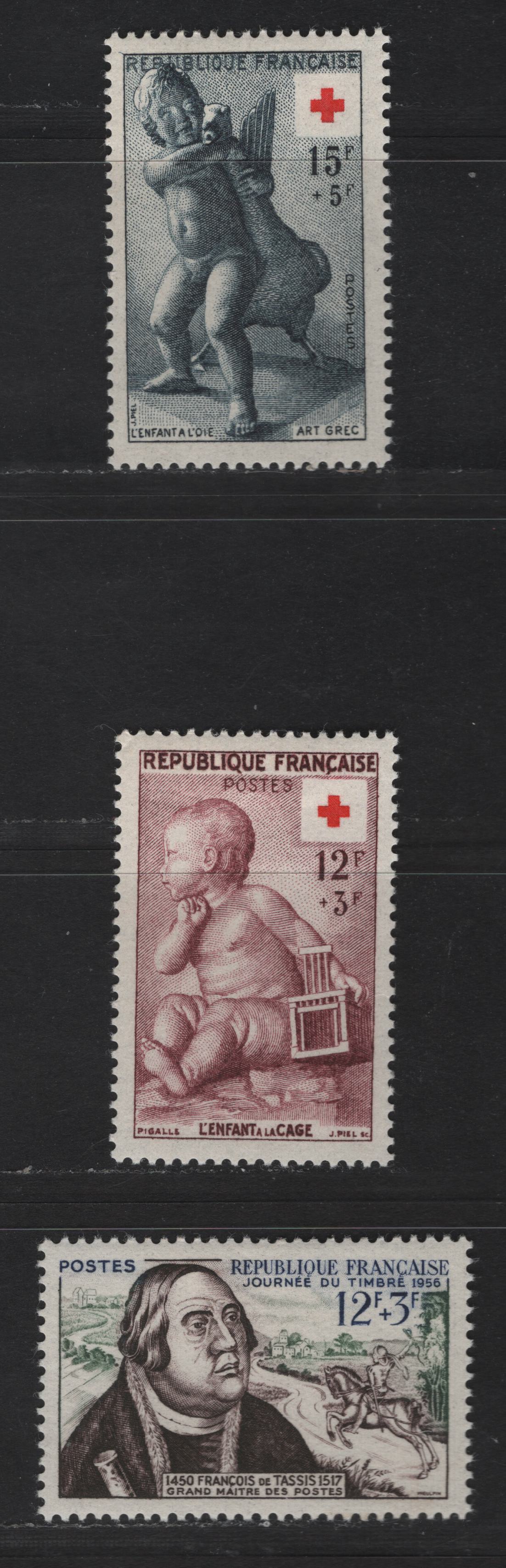 Lot 261 France SC#B300-B302 12fr+3fr Claret - Ultramarine, Green & Dark Brown Child with Cage - Francois of Taxis, 1955 Red Cross - Stamp Day Semi Postals, 3 VFOG Singles, LF Papers