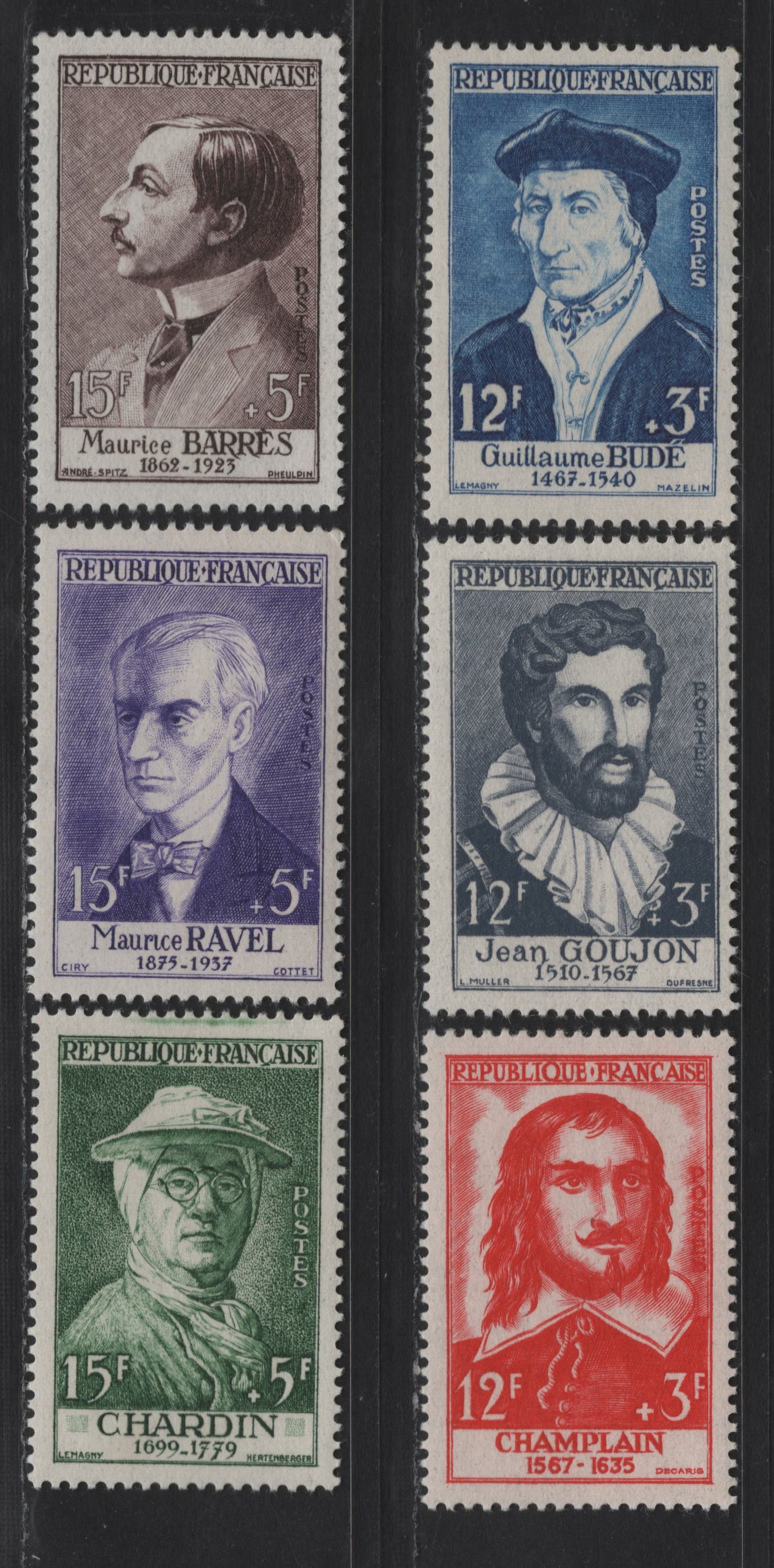 Lot 262 France SC#B303-B308 12fr+3fr - 15fr+5fr Sapphire - Deep Violet Guillaume Bude - Maurice Ravel, 1956 Semi Postals, 6 VFOG Singles, LF & Fluorescent Papers