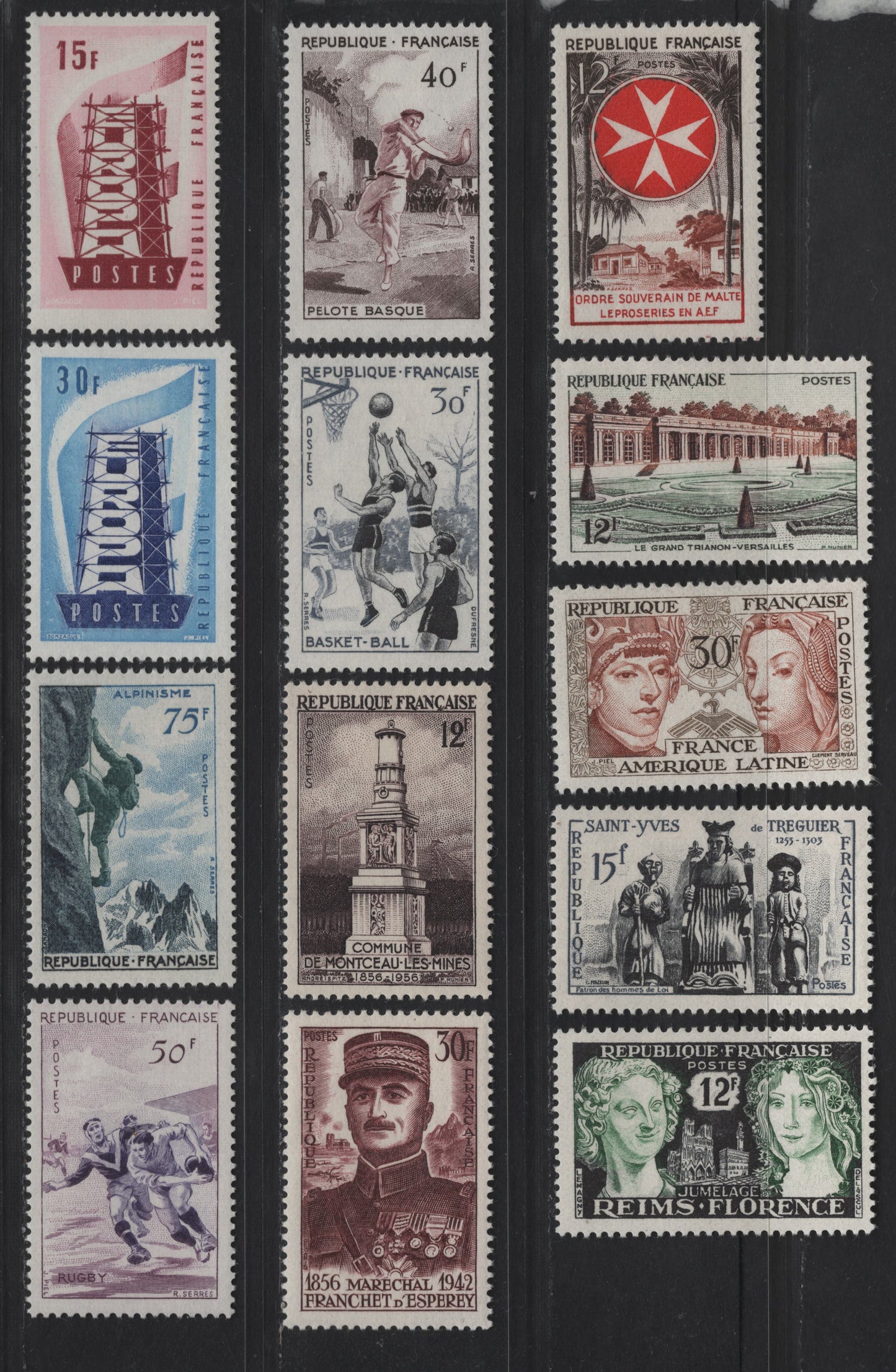 Lot 263 France SC#794-806 12fr - 30fr Violet Brown - Gray Green - Light Blue & Violet Blue Grand Trianon, Versailles - 'Rebuilding Europe', 1956 Grand Trianon - Europa Issues, 13 VFOG Singles, DF, LF & HF Papers