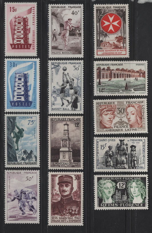 Lot 263 France SC#794-806 12fr - 30fr Violet Brown - Gray Green - Light Blue & Violet Blue Grand Trianon, Versailles - 'Rebuilding Europe', 1956 Grand Trianon - Europa Issues, 13 VFOG Singles, DF, LF & HF Papers