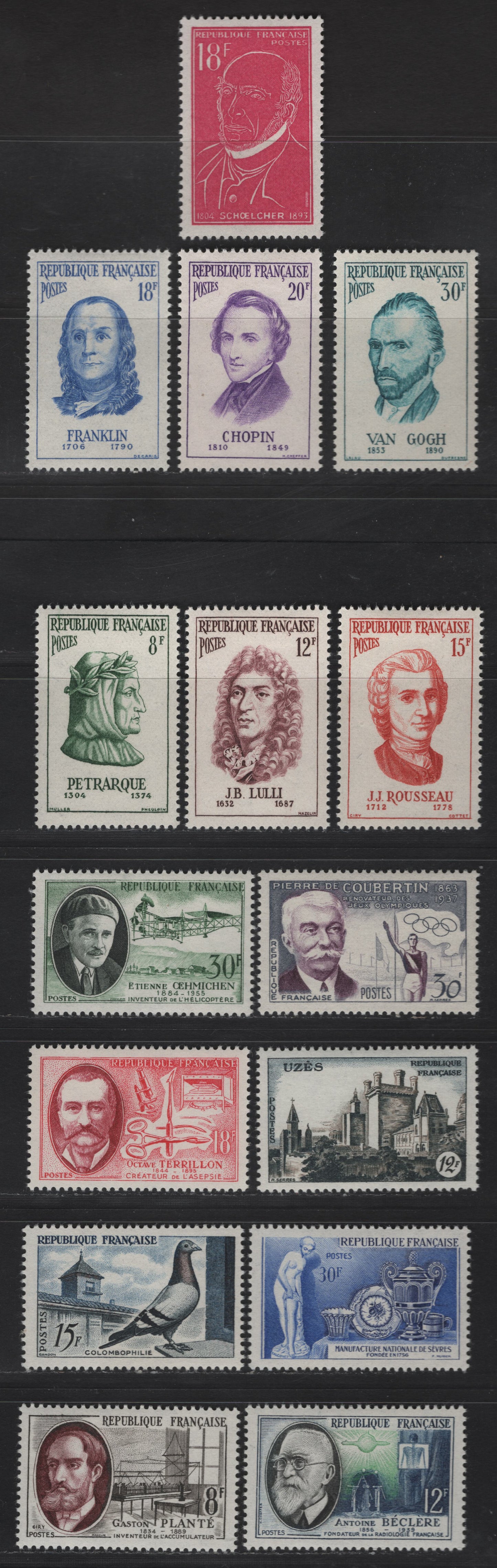 Lot 265 France SC#811-825 8fr - 12fr Green - Multicolored Petarch - Uzes Chateau, 1956-1957 Portraits - Uzes Chateau, 15 VFOG Singles, DF & Fluorescent Papers