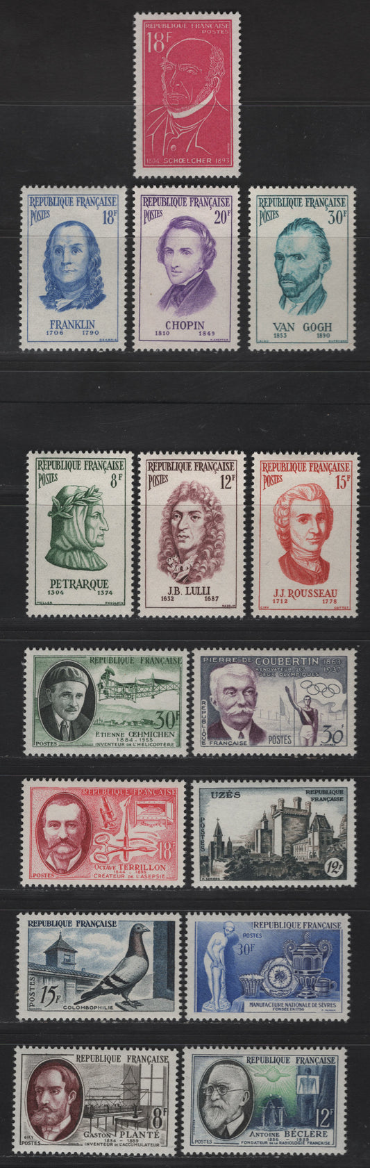 Lot 265 France SC#811-825 8fr - 12fr Green - Multicolored Petarch - Uzes Chateau, 1956-1957 Portraits - Uzes Chateau, 15 VFOG Singles, DF & Fluorescent Papers