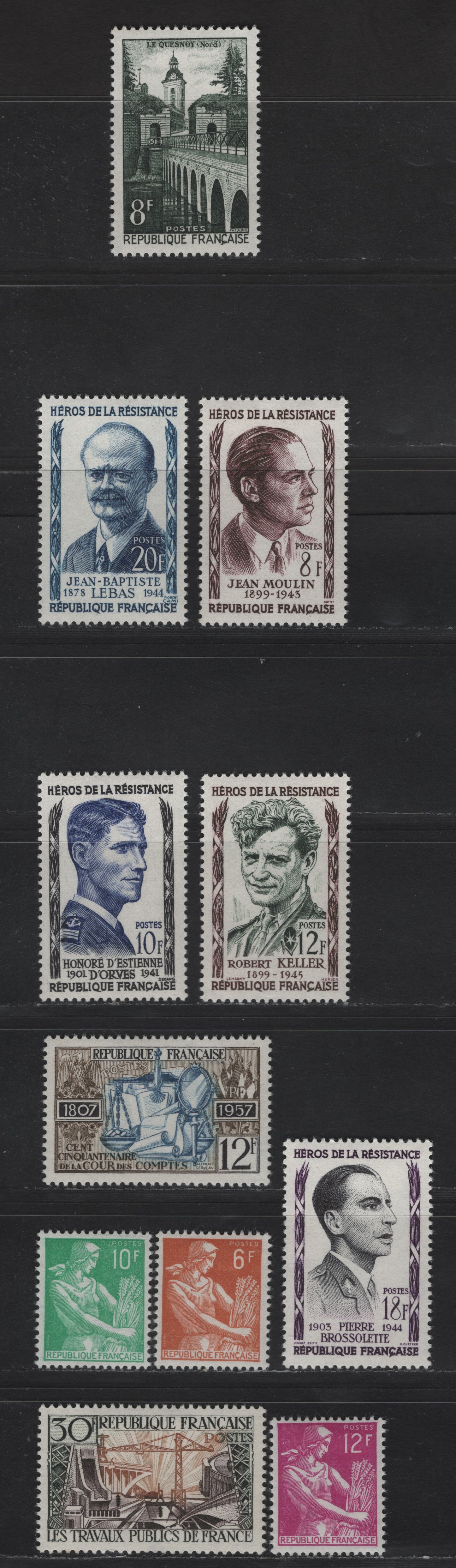 Lot 266 France SC#826-835 8fr - 30fr Violet Brown - Slate Green, Brown & Ocher Jean Moulin - Symbols of Public Works, 1957 Portraits - Public Works Issues, 11 VFOG Singles, LF, DF & HB Papers