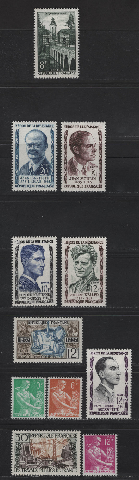 Lot 266 France SC#826-835 8fr - 30fr Violet Brown - Slate Green, Brown & Ocher Jean Moulin - Symbols of Public Works, 1957 Portraits - Public Works Issues, 11 VFOG Singles, LF, DF & HB Papers