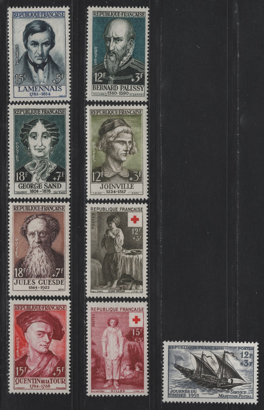 Lot 267 France SC#B309-B317 12fr+8fr - 18fr+7fr Olive Gray - Dark Violet Brown & Red Brown Peasant Boy by Le Nain - Jules Guesde, 1956-1957 Red Cross - Portraits Semi Postals, 9 VFOG Singles, DF, LF & Fluorescent Papers