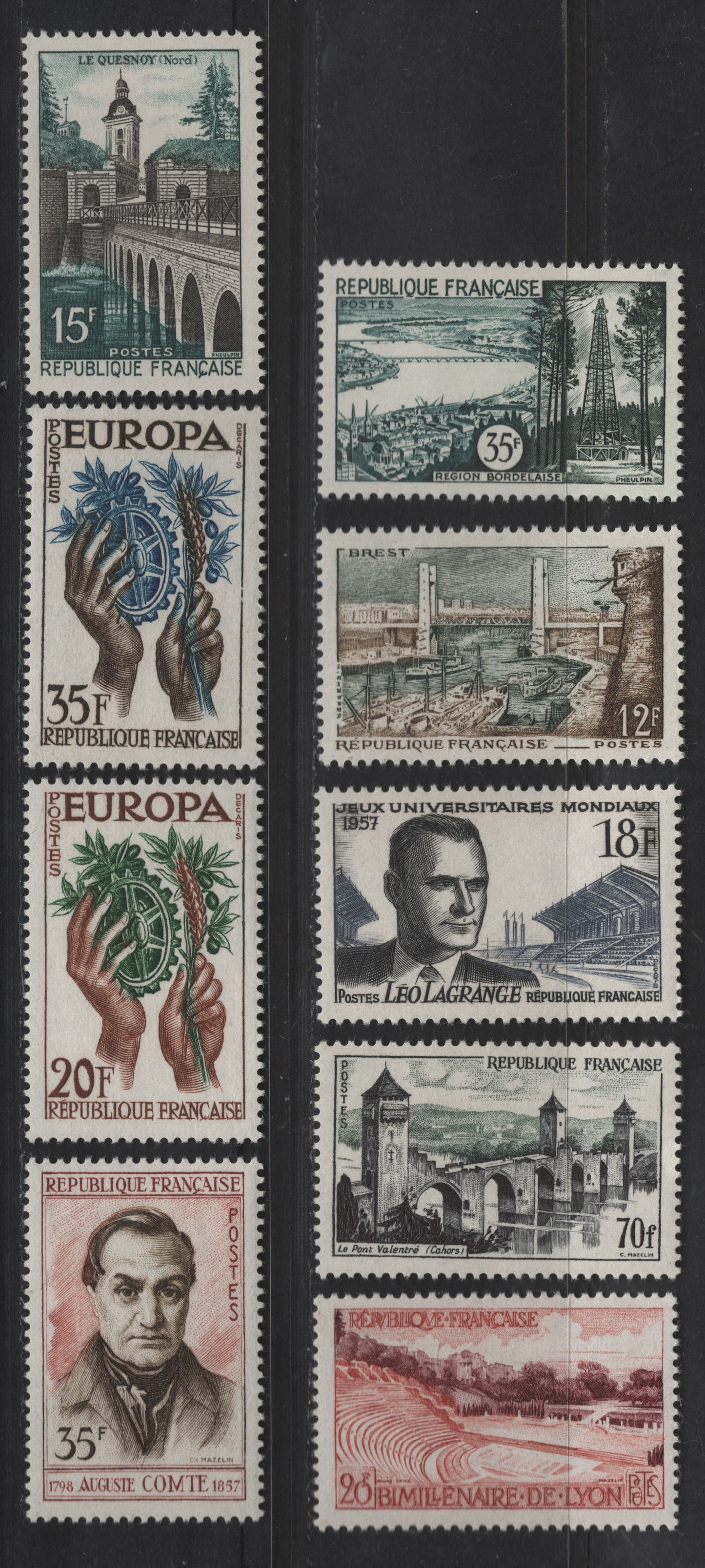 Lot 268 France SC#836-839, 845-849 12fr - 20fr Gray Green & Brown Olive - Brown Orange & Brown Violet Brest - Roman Amphitheater, 1957 Scenes - 200th Anniv of Founding of Lyon Issues, 9 VFOG Singles, DF, LF & Fluorescent Papers