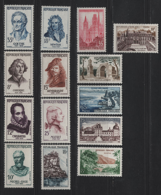 Lot 269 France SC#850-863 8fr - 35fr Green & Light Brown - Blue Sens River, Guadeloupe - Nicolaus Copernicus, 1957 Scenic Views - Portraits Issues, 14 VFOG Singles, DF, LF & Fluorescent Papers