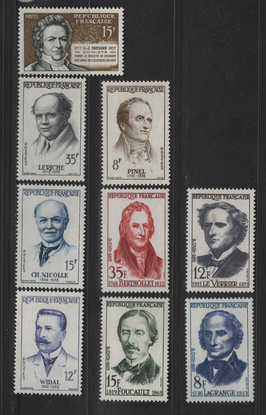 Lot 270 France SC#864-872 15fr - 35fr Olive Bistre & Greenish Black - Maroon and Copper Red Louis Jacques Thenard - Joseph Louis Lagrange, 1957-1958 Thenard - French Scientist Issues, 9 VFOG Singles, Low Fluorescent Papers