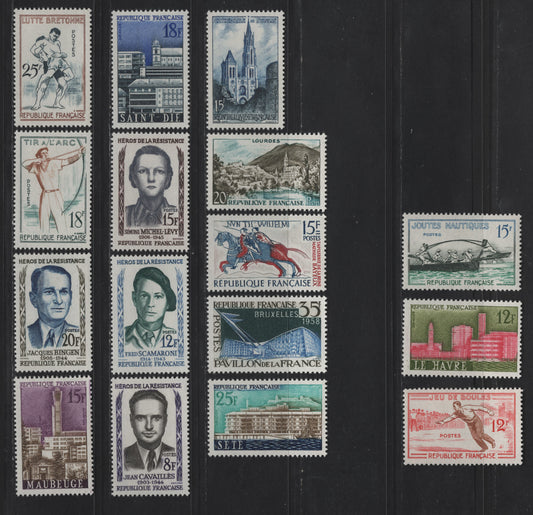 Lot 271 France SC#873-888 20fr - 15fr Greenish Black & Olive - Blue & Carmine Lourdes - Bayeux Tapestry, 1958 Lourdes View - Bayeux Tapestry Issues, 16 VFOG Singles, LF & Fluorescent Papers