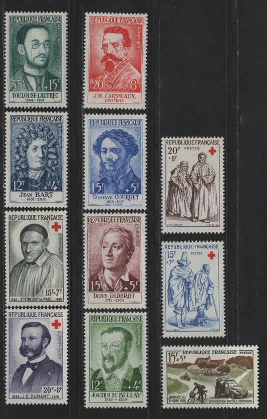 Lot 272 France SC#B318-B328 15fr+5fr - 20fr+8fr Ultramarine & Red - Violet Blindman & Beggar - St. Vincent de Paul, 1957-1958 Red Cross Semi Postals, 11 VFOG Singles, LF & Fluorescent Papers